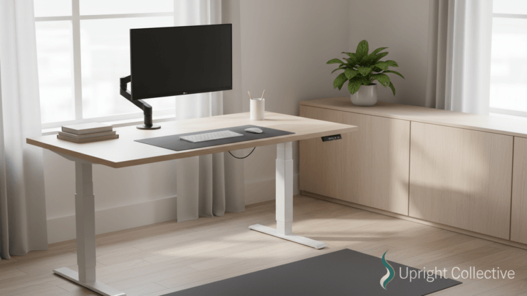 Sit stand desk setup in a modern home office showing proper ergonomics and standing posture.