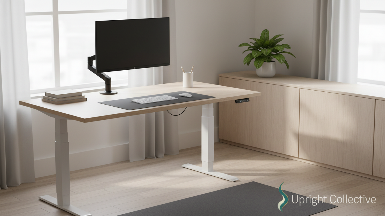 Sit stand desk setup in a modern home office showing proper ergonomics and standing posture.
