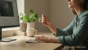 Person taking a one-minute mental reset in a calm workspace with warm natural light.