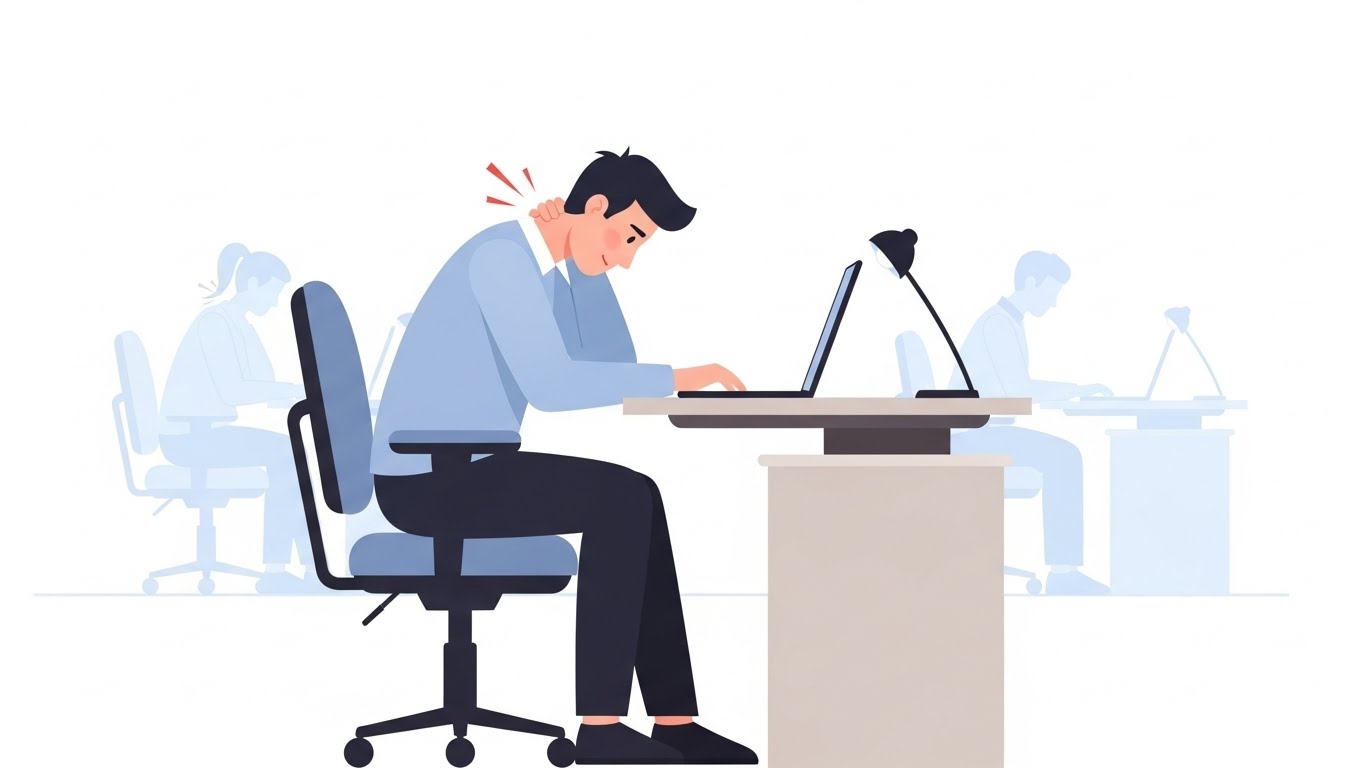 Home office showing posture strain caused by poor desk and chair setup.