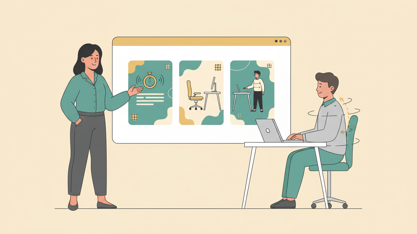 Person adjusting desk posture with clear ergonomic alignment cues.