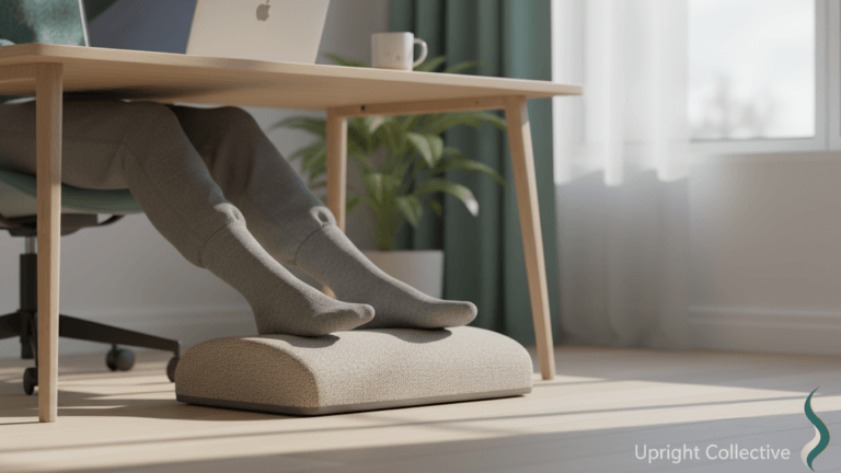Ergonomic foot rest for home office setup placed under a desk, supporting feet comfortably during long workdays.