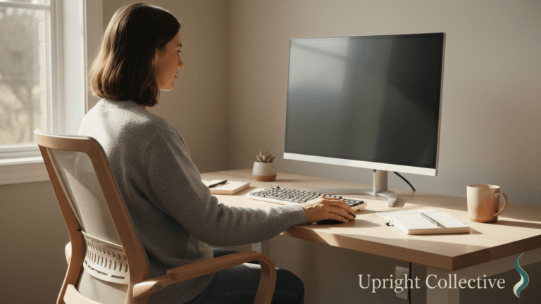 Person working at a desk setup for neck and shoulder pain, sitting upright with an aligned spine and ergonomic chair in a calm home office for Upright Collective.