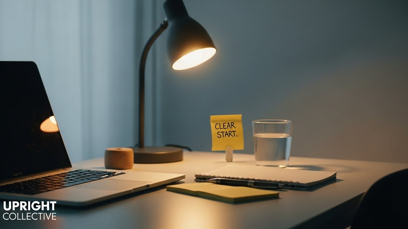 A warm, simple workspace showing a clean desk and soft lighting, used to represent how to clear your mind before work.