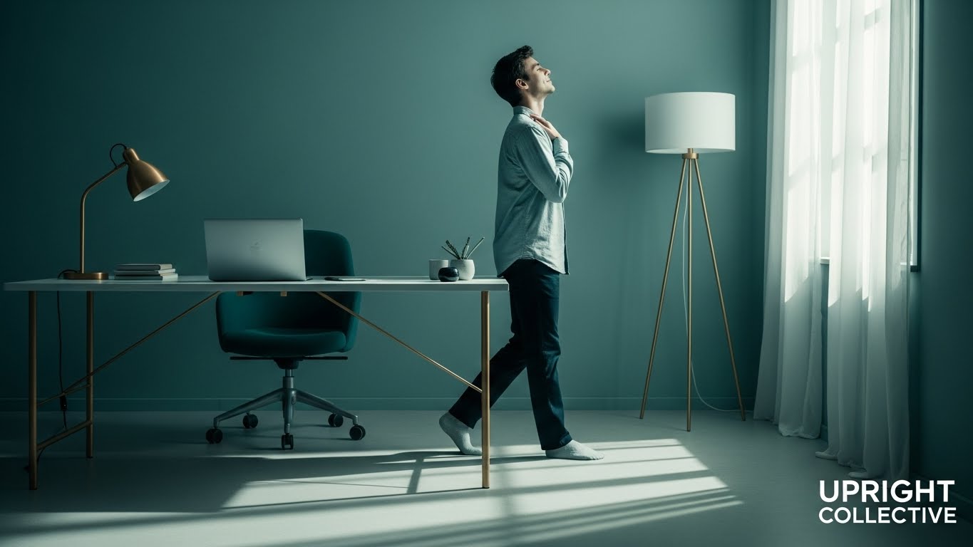 A remote worker taking slow, mindful steps near their desk, showing a one-minute mindful reset for easing tension.