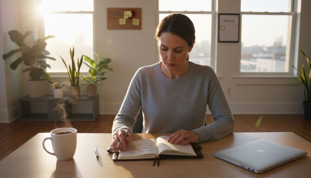 A woman sits at a tidy desk in a bright room, writing in a journal with a cup of coffee nearby. Sunlight comes through two large windows, and several plants sit against the back wall. A laptop rests on the table, and the scene shows a calm, steady start to the day.