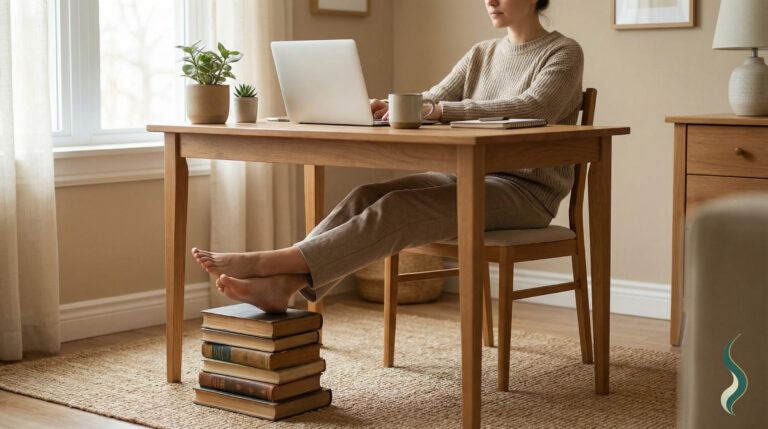 Simple under desk footrest setup using household items to support feet and improve sitting posture.