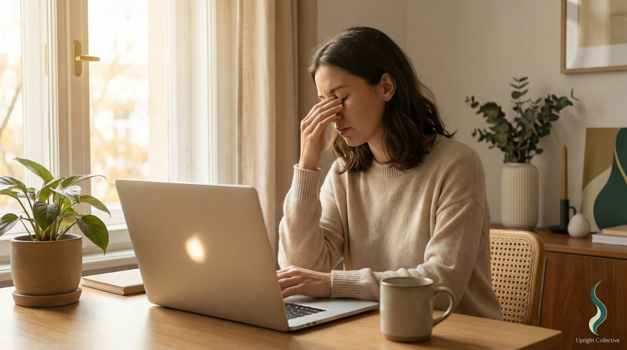 Person working at a laptop in a calm home office, rubbing tired eyes while natural light comes from the side window.