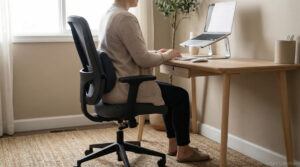Remote employee using an ergonomic chair and raised laptop to reduce home office lumbar pain.