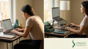 How to fix upper back pain from hunching with a raised laptop setup and better posture.