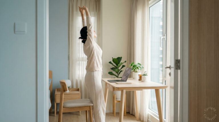 A remote worker standing near a desk doing a gentle stretch during a break, showing mindful movement for remote workers in a bright home office.