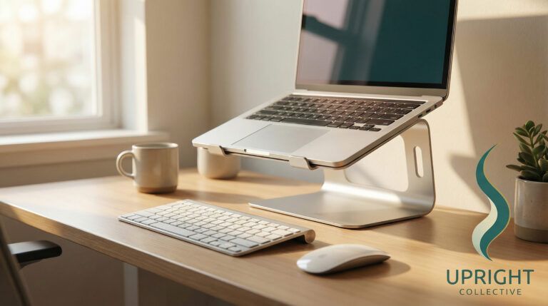 Desk gear and workspace tools with a laptop stand and external keyboard for better posture